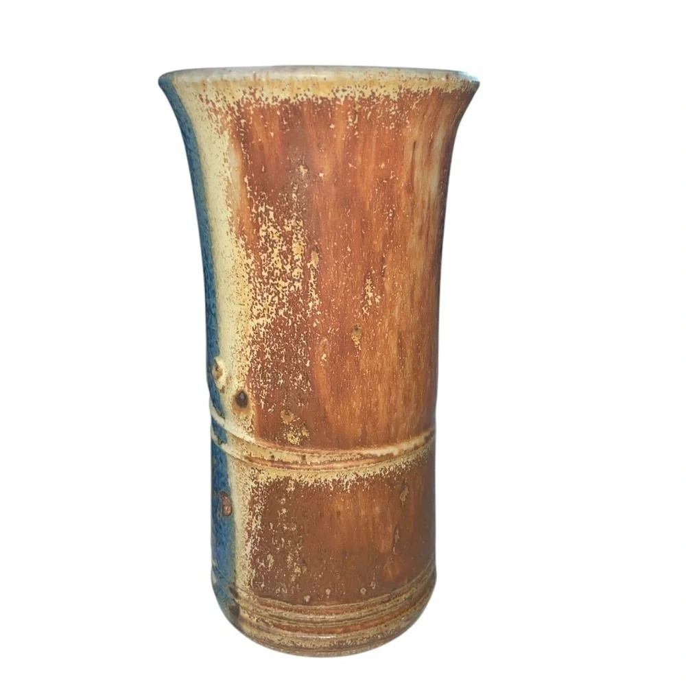 Handmade Vintage Scandinavian Rustic Ceramic Vase Brown Blue Glazed Pottery 7